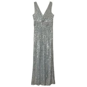 Kate Kasin Sequin Dress Full Maxi Length Cocktail Sleeveless V Neck Silver 2 XS